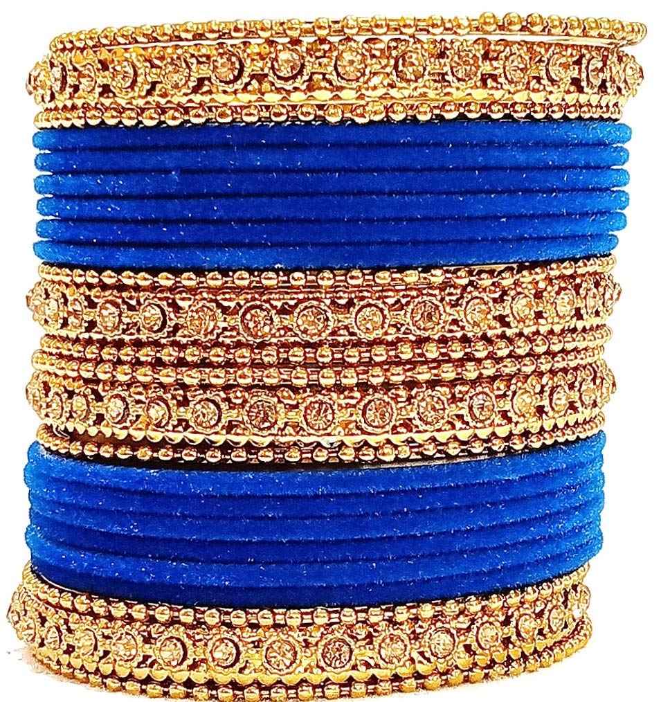 T4 Jewels Gold Plated & Stone Studded Velvet Metal Bangle Set (Wedding Chuda/Diwali Special) For Girls & Women - (Pack Of 24 Bangles) Blue T4 Jewels