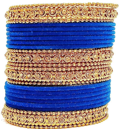 T4 Jewels Gold Plated & Stone Studded Velvet Metal Bangle Set (Wedding Chuda/Diwali Special) For Girls & Women - (Pack Of 24 Bangles) Blue T4 Jewels