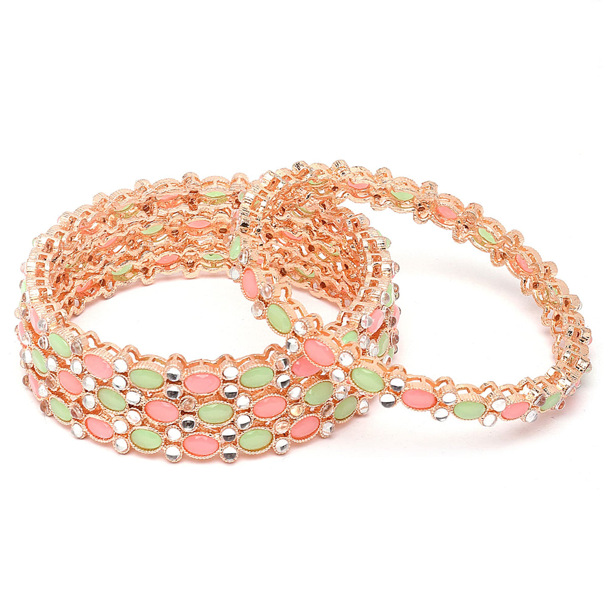 ZENEME Rose Gold-Plated Lime Green & White Oval Shaped AD studded Handcrafted Bangles Set for Girls and Women (Set Of 4) (2.8) Style_02 T4 Jewels