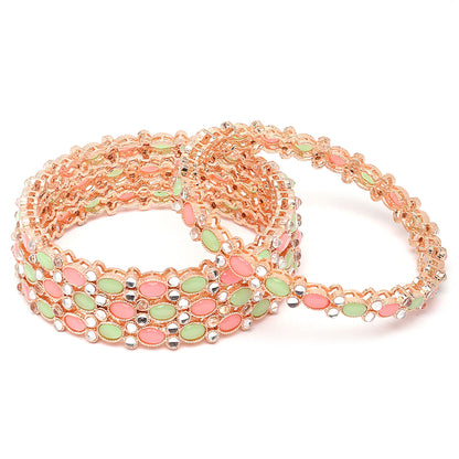 ZENEME Rose Gold-Plated Lime Green & White Oval Shaped AD studded Handcrafted Bangles Set for Girls and Women (Set Of 4) (2.8) Style_02 T4 Jewels