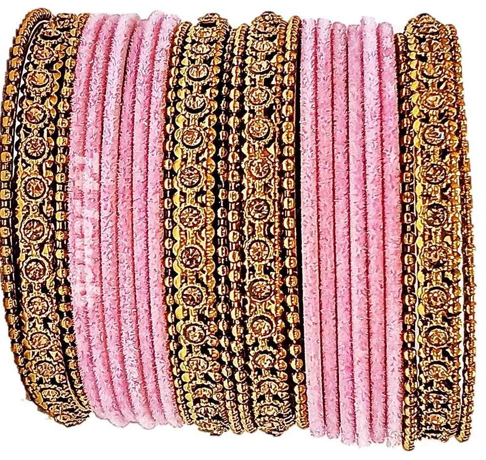T4 Jewels Gold Plated & Stone Studded Velvet Metal Bangle Set (Wedding Chuda/Diwali Special) For Girls & Women - (Pack Of 24 Bangles) T4 Jewels