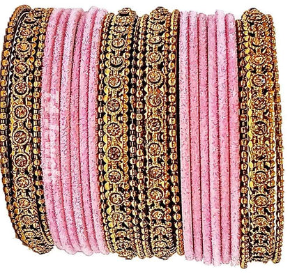 T4 Jewels Gold Plated & Stone Studded Velvet Metal Bangle Set (Wedding Chuda/Diwali Special) For Girls & Women - (Pack Of 24 Bangles) T4 Jewels
