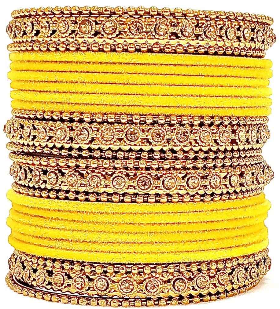 T4 Jewels Gold Plated & Stone Studded Velvet Metal Bangle Set (Wedding Chuda/Diwali Special) For Girls & Women - (Pack Of 24 Bangles) Yellow T4 Jewels