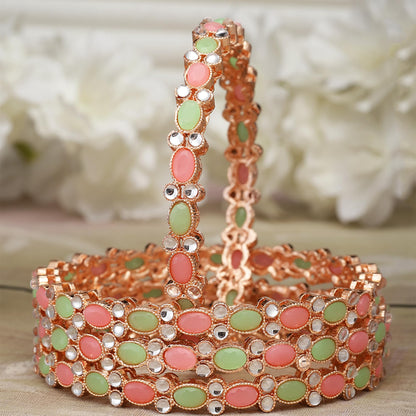 ZENEME Rose Gold-Plated Lime Green & White Oval Shaped AD studded Handcrafted Bangles Set for Girls and Women (Set Of 4) (2.8) T4 Jewels