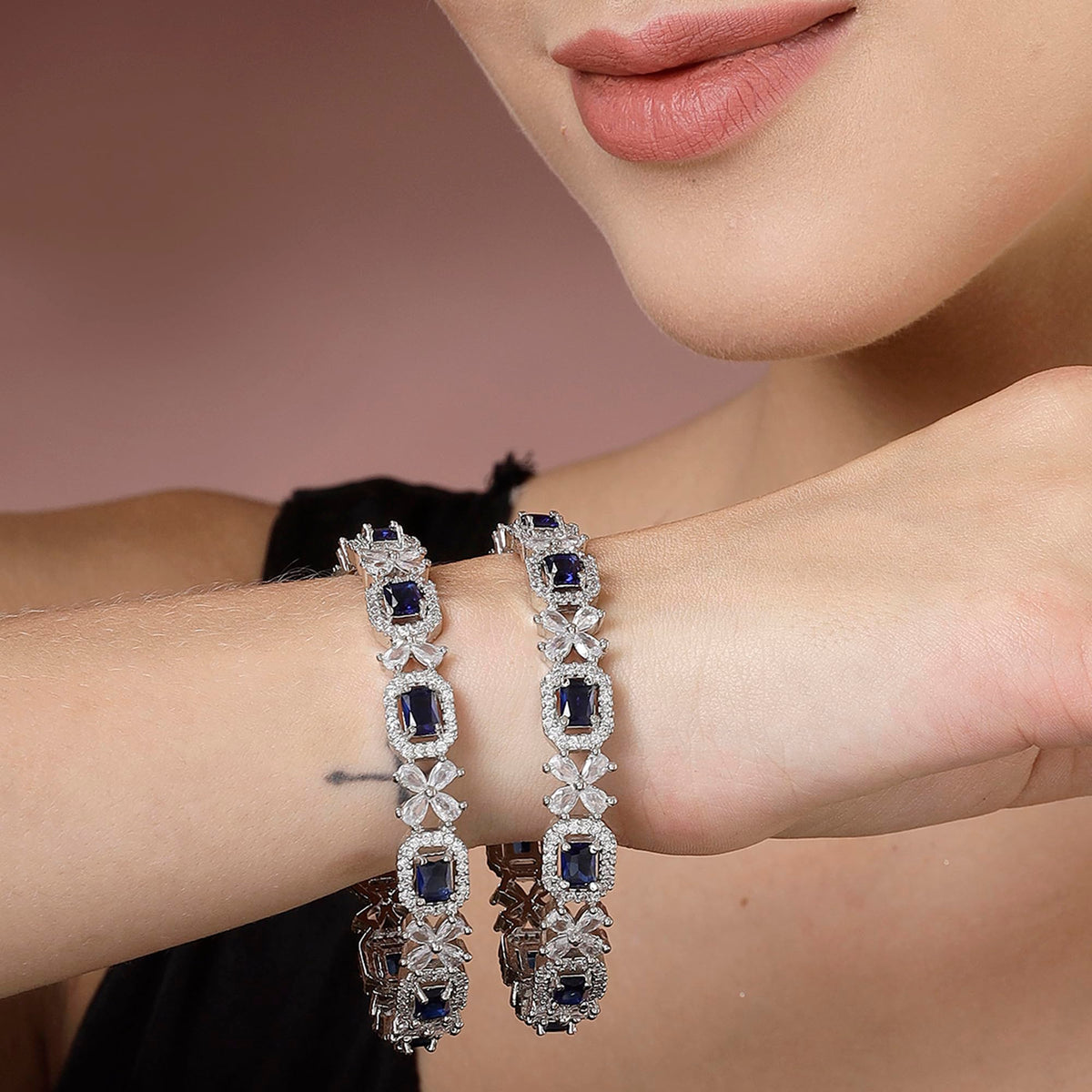 ZENEME Rhodium-Plated Silver Toned American Diamond Square Shaped studded Bangle Jewellery Set for Girls and Women (Set Of 2) T4 Jewels