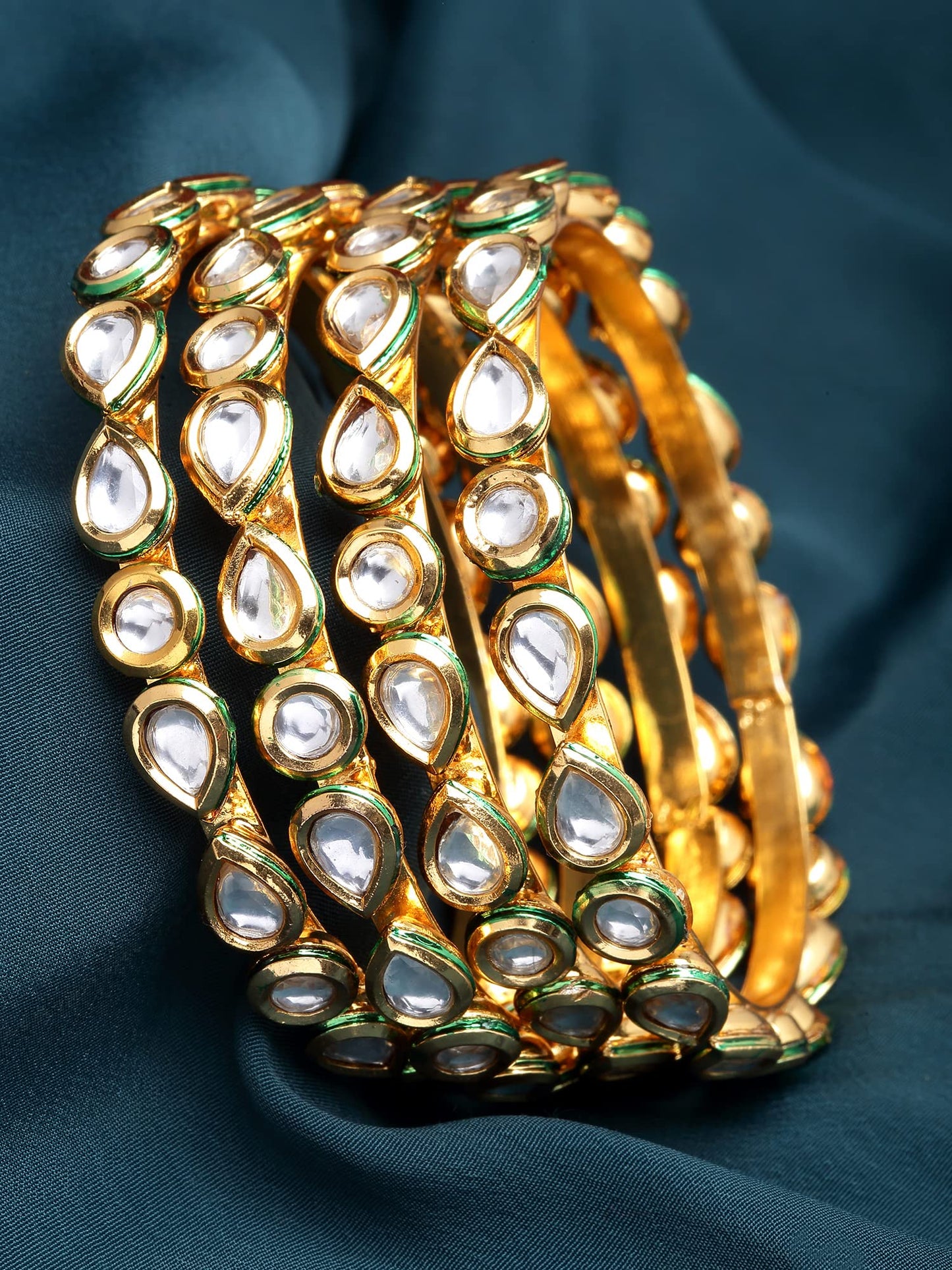 T4 Jewels Set of 4 Gold Plated Round and Drop Shape Polki Kundan Studded Bangles for Women T4 Jewels
