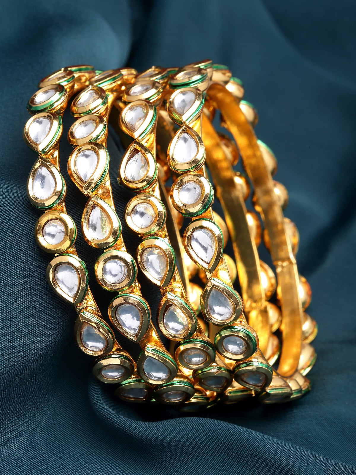 T4 Jewels Set of 4 Gold Plated Round and Drop Shape Polki Kundan Studded Bangles for Women T4 Jewels