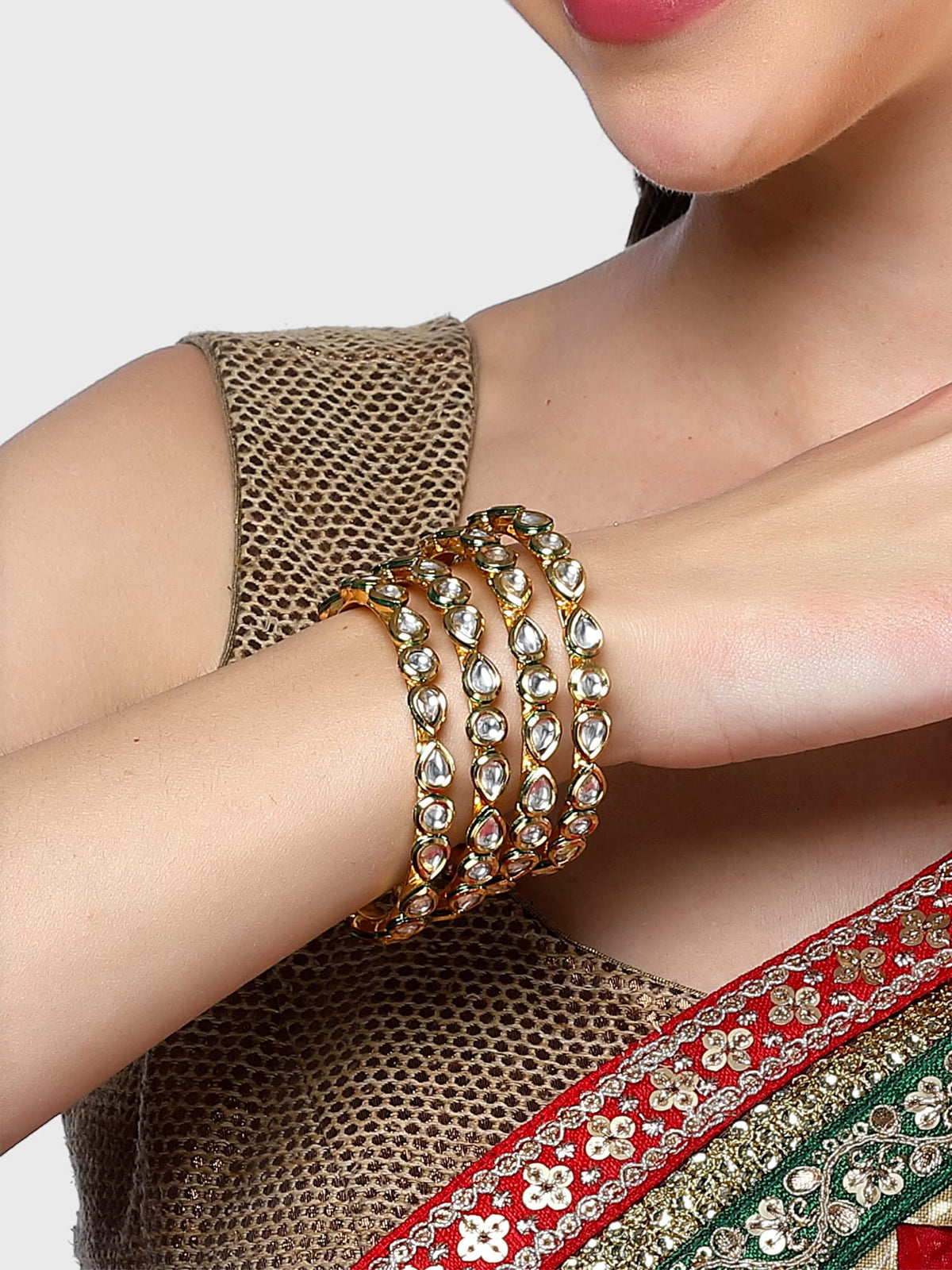 T4 Jewels Set of 4 Gold Plated Round and Drop Shape Polki Kundan Studded Bangles for Women T4 Jewels