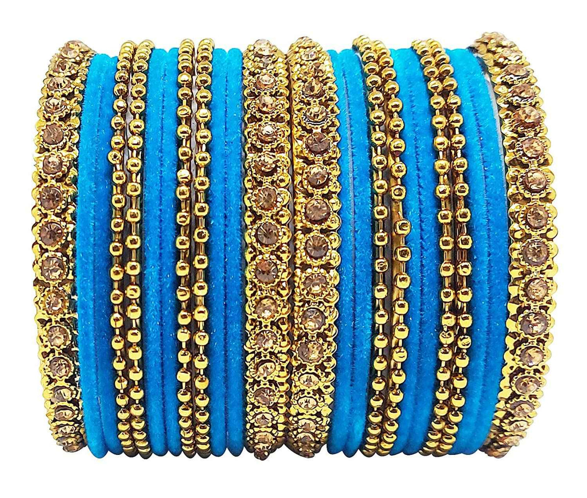 T4 Jewels 18k Gold Plated Celebrity Inspired Zircon Stones & Beads Studded Metal Bangles Set For Women & Girls - 64NO Sky Blue T4 Jewels