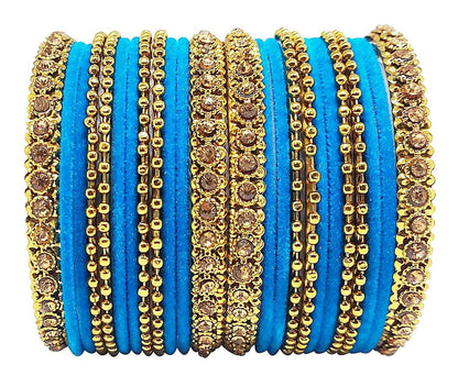 T4 Jewels 18k Gold Plated Celebrity Inspired Zircon Stones & Beads Studded Metal Bangles Set For Women & Girls - 64NO Sky Blue T4 Jewels