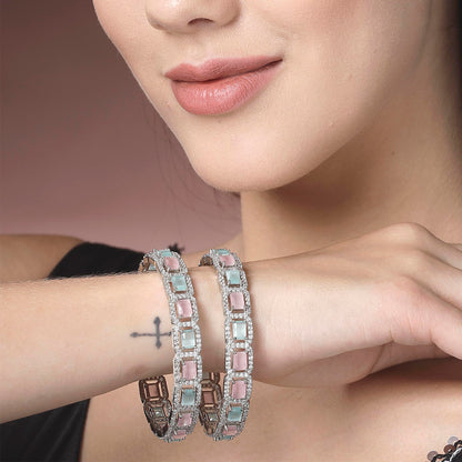 ZENEME Rhodium-Plated Silver Toned American Diamond Square Shaped studded Bangle Jewellery Set for Girls and Women (Set Of 2) T4 Jewels