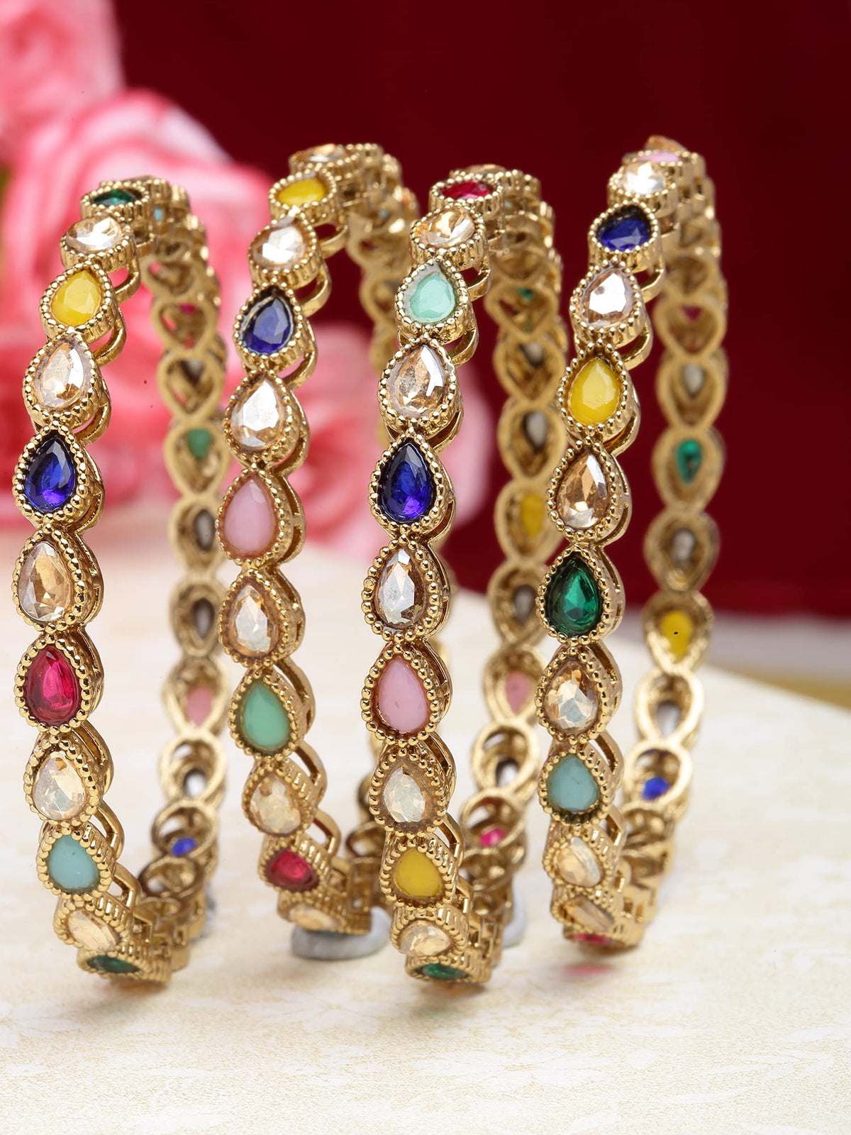 T4 Jewels Gold Plated Set of 4 Drop Shape Multicolor Stone Studded Bangles for Women T4 Jewels