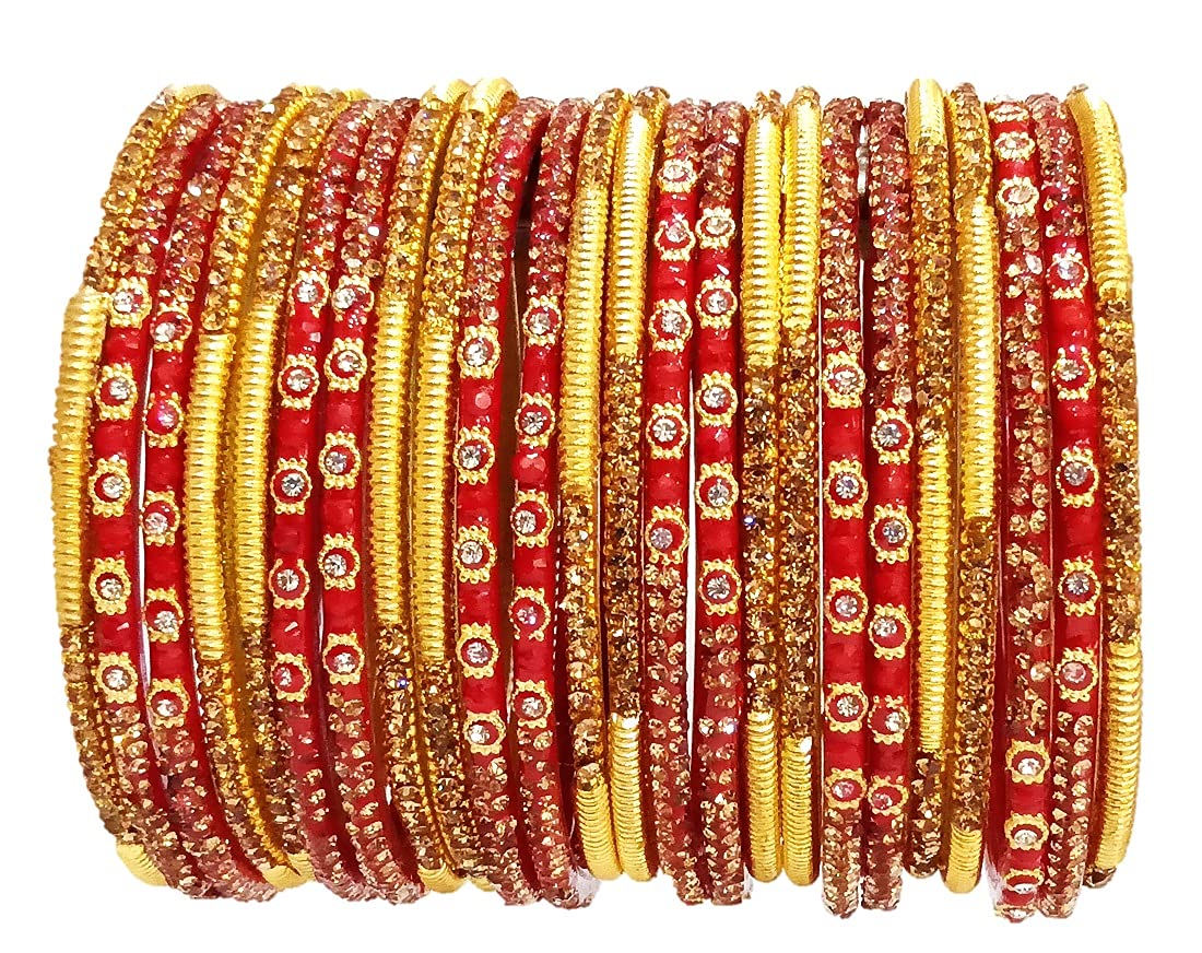 T4 Jewels (2.10 & 2.12 Size Designer Red & Golden Colour Stones Studded Beautiful Glass Bangles Bridal/Chura Set For Women & Girls T4 Jewels