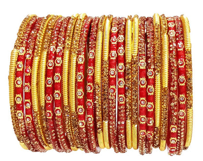 T4 Jewels (2.10 & 2.12 Size Designer Red & Golden Colour Stones Studded Beautiful Glass Bangles Bridal/Chura Set For Women & Girls T4 Jewels