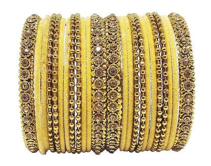 T4 Jewels 18k Gold Plated Celebrity Inspired Zircon Stones & Beads Studded Metal Bangles Set For Women & Girls - 64NO Gold T4 Jewels