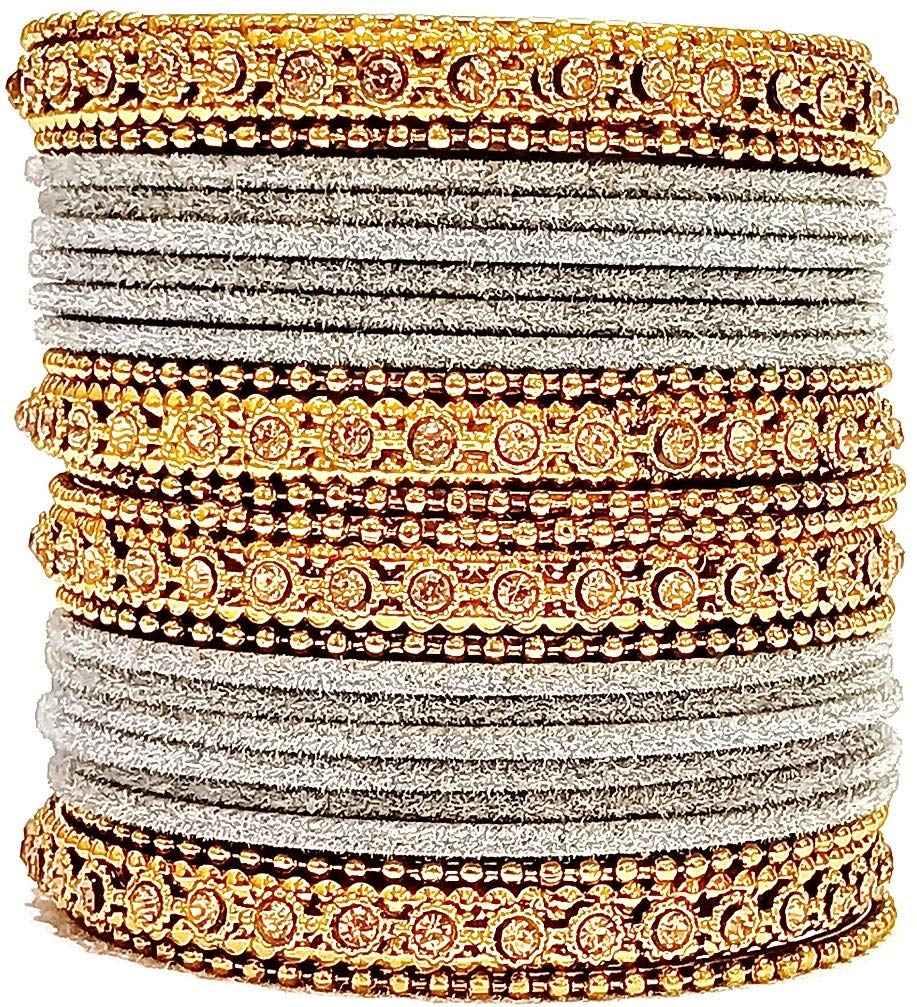 T4 Jewels Gold Plated & Stone Studded Velvet Metal Bangle Set (Wedding Chuda/Diwali Special) For Girls & Women - (Pack Of 24 Bangles) Grey T4 Jewels