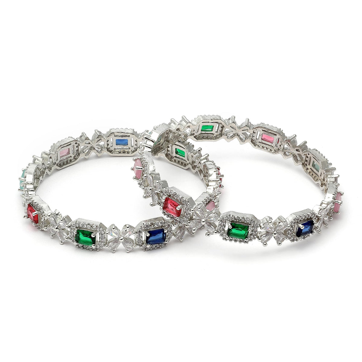 ZENEME Rhodium-Plated Silver Toned American Diamond Square Shaped studded Bangle Jewellery Set for Girls and Women (Set Of 2) Design_04 T4 Jewels