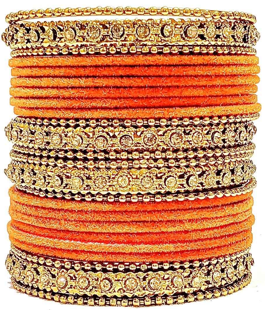T4 Jewels Gold Plated & Stone Studded Velvet Metal Bangle Set (Wedding Chuda/Diwali Special) For Girls & Women - (Pack Of 24 Bangles) Orange T4 Jewels