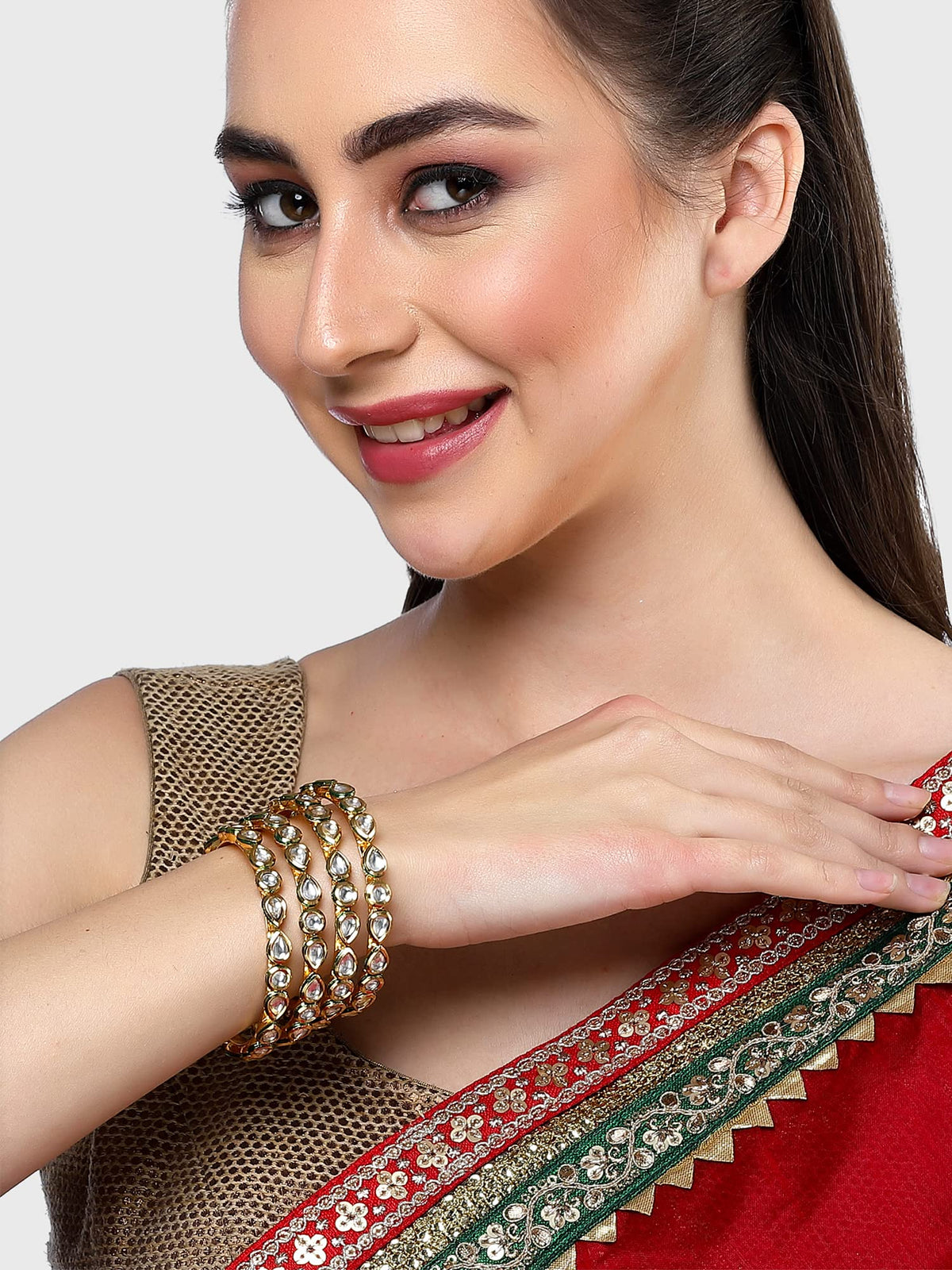 T4 Jewels Set of 4 Gold Plated Round and Drop Shape Polki Kundan Studded Bangles for Women T4 Jewels
