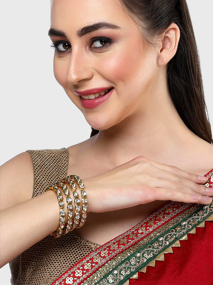 T4 Jewels Set of 4 Gold Plated Round and Drop Shape Polki Kundan Studded Bangles for Women T4 Jewels