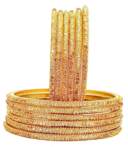 T4 Jewels (2.10 & 2.12 Size - Colours Available) Beautiful Glass Bangles/Chudiyan Set Studded With Golden Stones & Nag Design - (Set Of 12 Bangles) - JAL Golden Large Size Bangles T4 Jewels