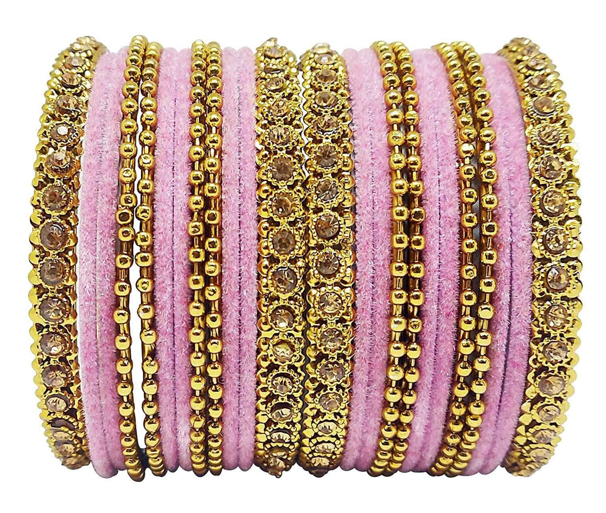 T4 Jewels 18k Gold Plated Celebrity Inspired Zircon Stones & Beads Studded Metal Bangles Set For Women & Girls - 64NO T4 Jewels