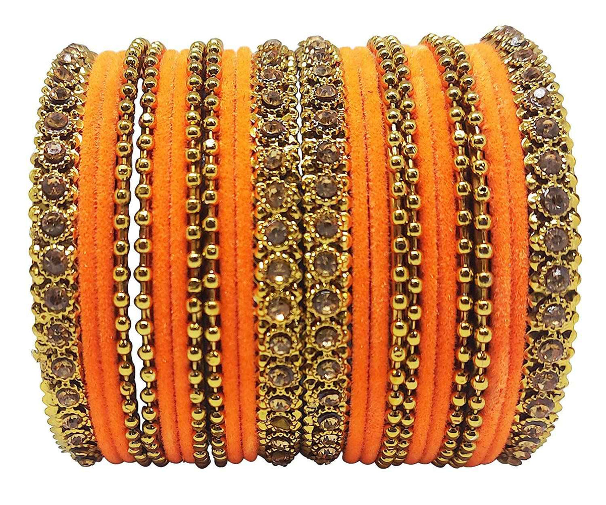 T4 Jewels 18k Gold Plated Celebrity Inspired Zircon Stones & Beads Studded Metal Bangles Set For Women & Girls - 64NO Orange T4 Jewels