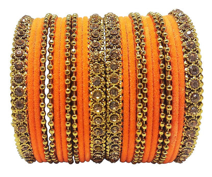 T4 Jewels 18k Gold Plated Celebrity Inspired Zircon Stones & Beads Studded Metal Bangles Set For Women & Girls - 64NO Orange T4 Jewels