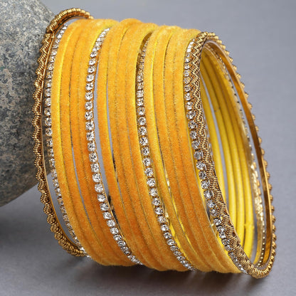 ZENEME Gold-Plated Matte Finish Velvet White American Diamonds Studded Bangles Set Of 36 For Girls and Women T4 Jewels