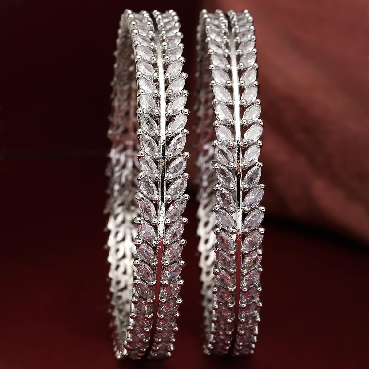 ZENEME Rhodium-Plated Silver Toned White American Diamond studded Lead Shape Bangle Jewelry Set for Girls and Women (Set Of 2) T4 Jewels