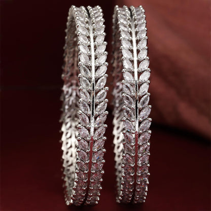 ZENEME Rhodium-Plated Silver Toned White American Diamond studded Lead Shape Bangle Jewelry Set for Girls and Women (Set Of 2) T4 Jewels