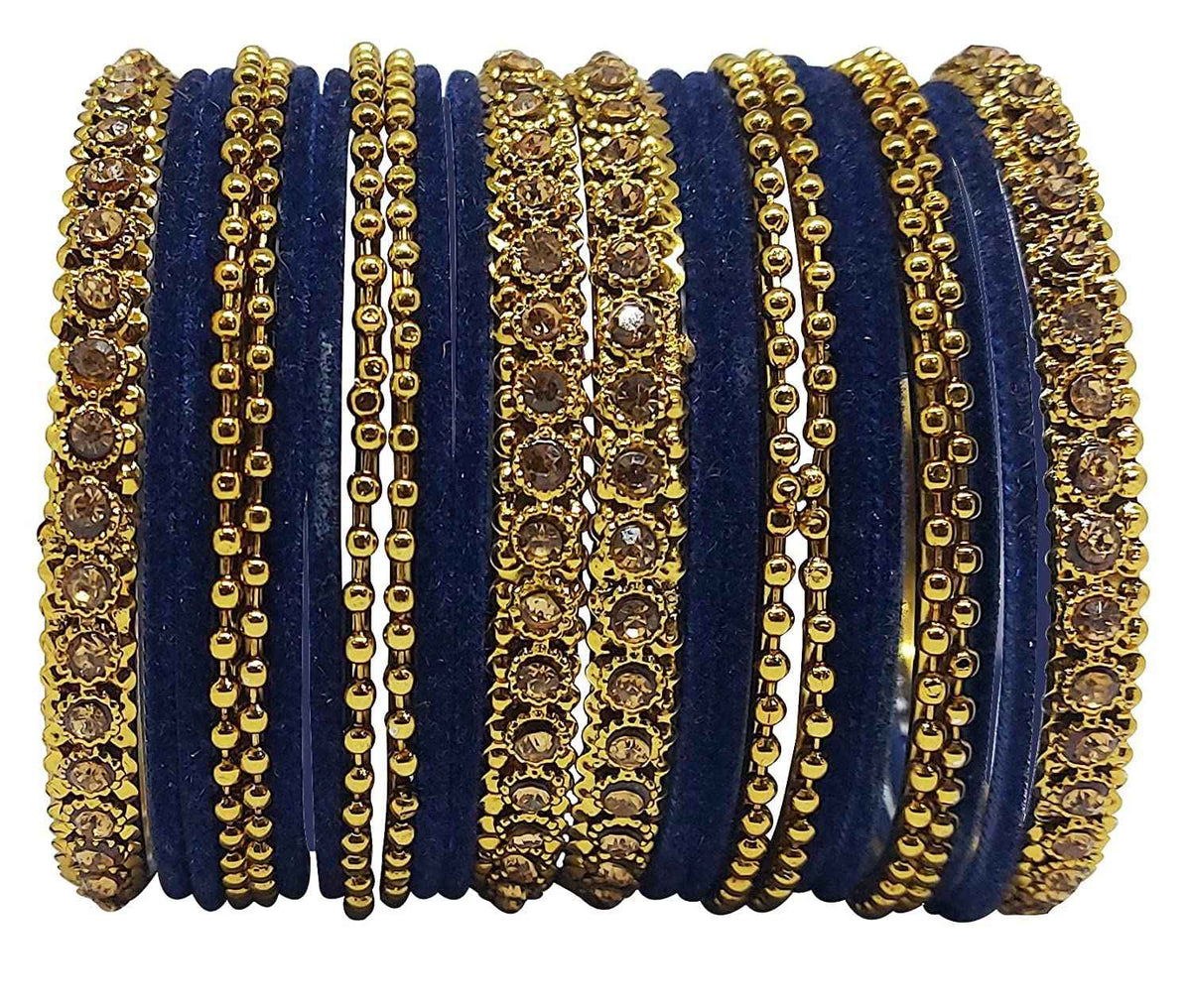 T4 Jewels 18k Gold Plated Celebrity Inspired Zircon Stones & Beads Studded Metal Bangles Set For Women & Girls - 64NO Dark Blue T4 Jewels