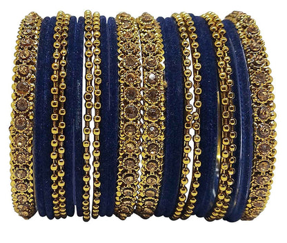 T4 Jewels 18k Gold Plated Celebrity Inspired Zircon Stones & Beads Studded Metal Bangles Set For Women & Girls - 64NO Dark Blue T4 Jewels