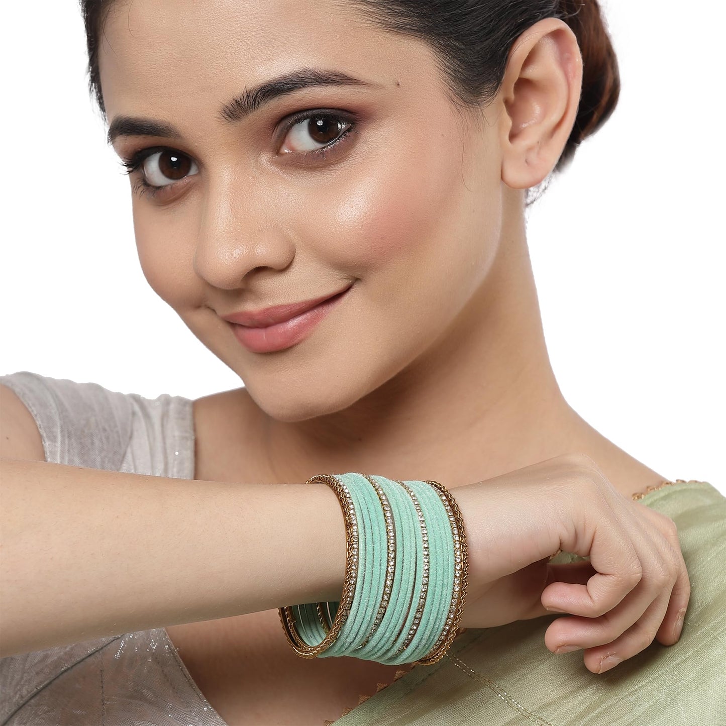 ZENEME Gold-Plated Matte Finish Velvet White American Diamonds Studded Bangles Set Of 36 For Girls and Women T4 Jewels