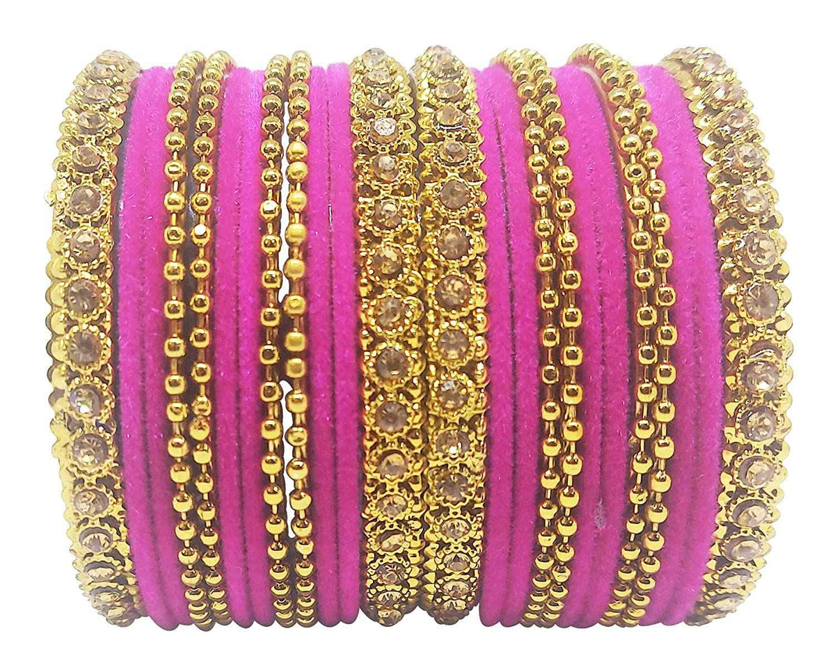 T4 Jewels 18k Gold Plated Celebrity Inspired Zircon Stones & Beads Studded Metal Bangles Set For Women & Girls - 64NO Pink T4 Jewels