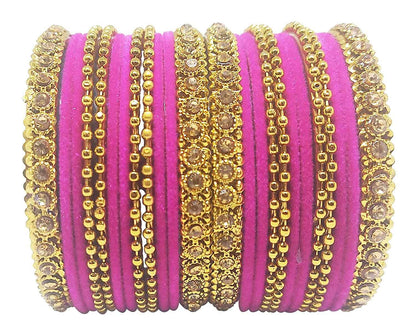 T4 Jewels 18k Gold Plated Celebrity Inspired Zircon Stones & Beads Studded Metal Bangles Set For Women & Girls - 64NO Pink T4 Jewels
