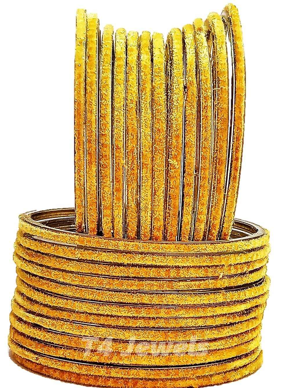 T4 Jewels Velvet Glass Bangles Set On Occasion Of Birthdays, Parties & Functions For Women & Girls- (Pack Of 24) Yellow 2.12 Inches T4 Jewels