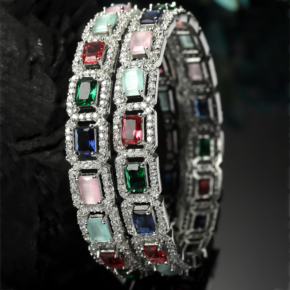 ZENEME Rhodium-Plated Silver Toned American Diamond Square Shaped studded Bangle Jewellery Set for Girls and Women (Set Of 2) T4 Jewels