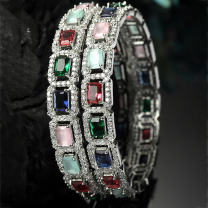 ZENEME Rhodium-Plated Silver Toned American Diamond Square Shaped studded Bangle Jewellery Set for Girls and Women (Set Of 2) T4 Jewels