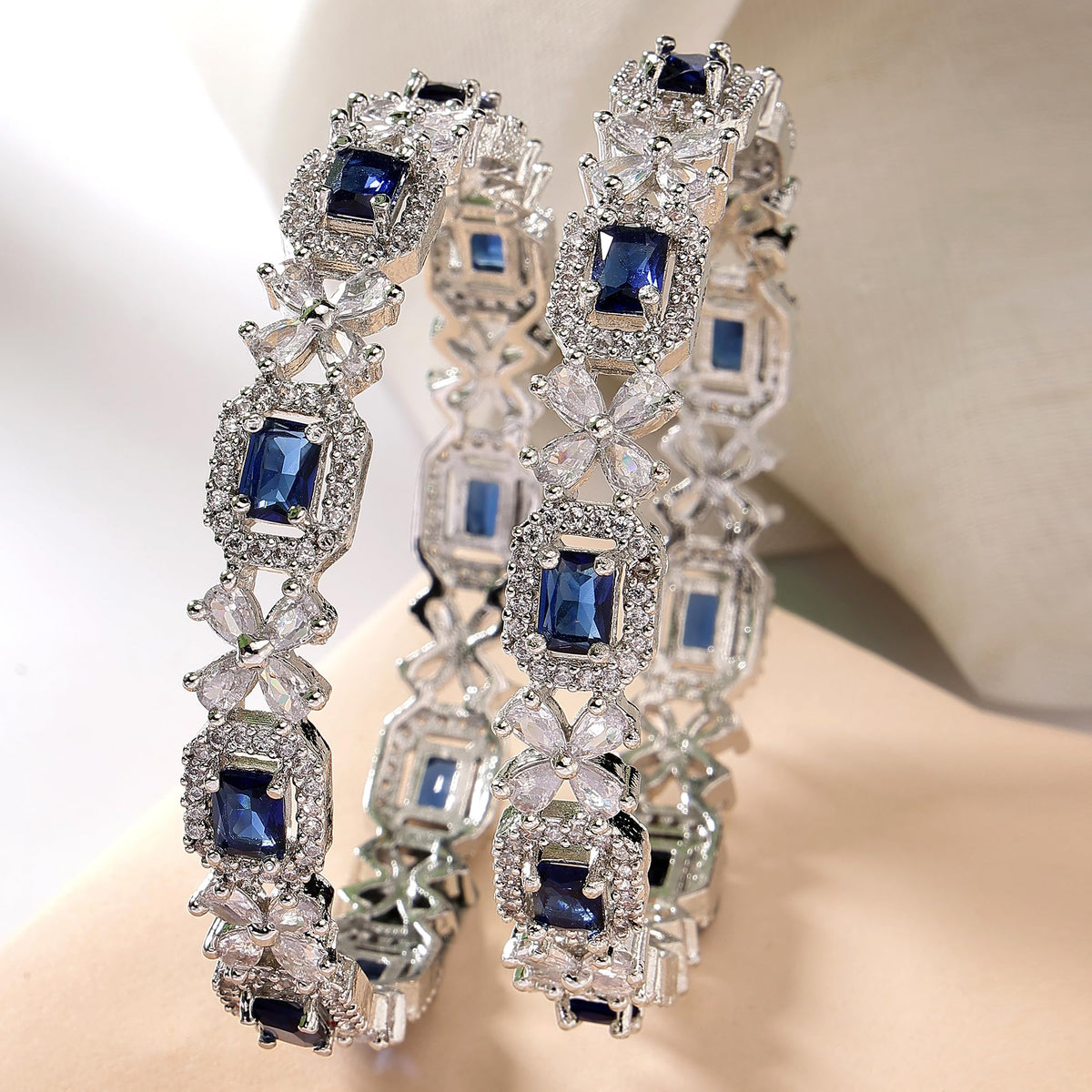 ZENEME Rhodium-Plated Silver Toned American Diamond Square Shaped studded Bangle Jewellery Set for Girls and Women (Set Of 2) T4 Jewels