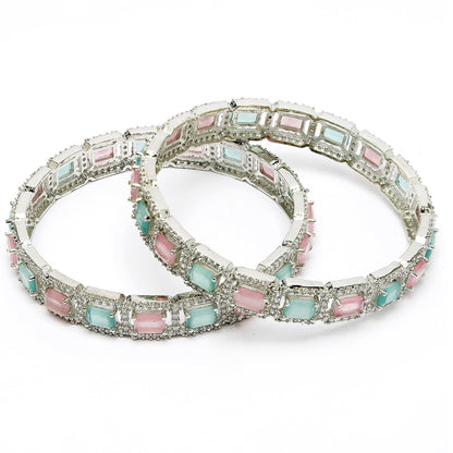 ZENEME Rhodium-Plated Silver Toned American Diamond Square Shaped studded Bangle Jewellery Set for Girls and Women (Set Of 2) Design 05 T4 Jewels