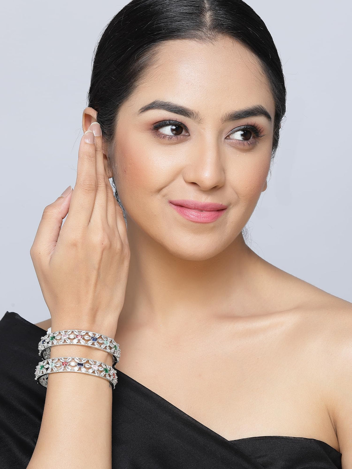 ZENEME Rhodium-Plated Silver Toned American Diamond Square Shaped studded Bangle Jewellery Set for Girls and Women (Set Of 2) T4 Jewels