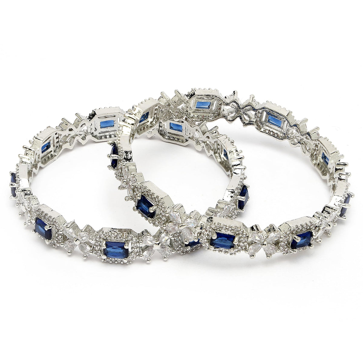 ZENEME Rhodium-Plated Silver Toned American Diamond Square Shaped studded Bangle Jewellery Set for Girls and Women (Set Of 2) Design 07 T4 Jewels