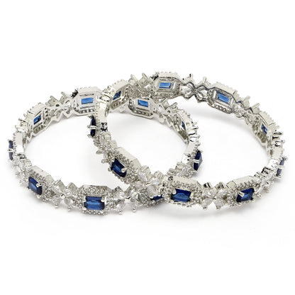 ZENEME Rhodium-Plated Silver Toned American Diamond Square Shaped studded Bangle Jewellery Set for Girls and Women (Set Of 2) Design 07 T4 Jewels