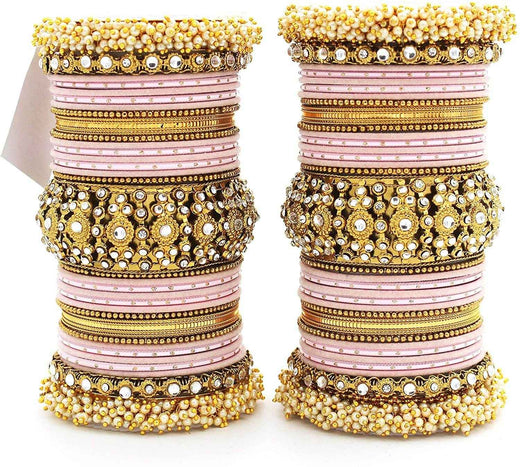 T4 Jewels Pearl Cubic Zirconia Kundan Bangles Set Red/Green/Blue/Pink Colours Bridal Chuda/Wedding Chuda - 90NO.