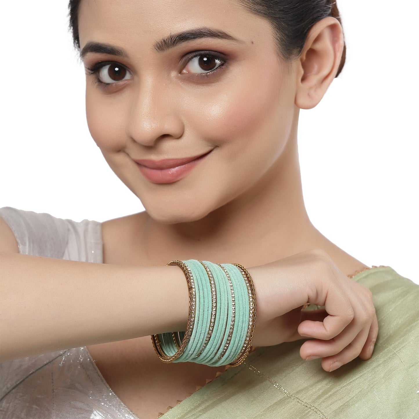 ZENEME Gold-Plated Matte Finish Velvet White American Diamonds Studded Bangles Set Of 36 For Girls and Women T4 Jewels