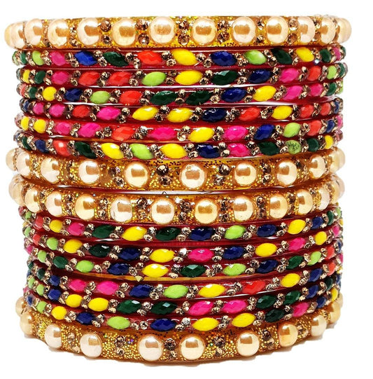 T4 Jewels (2.10 & 2.12 Size Gold & Multi-Colour Beautiful Designer Moti Shine Glass Bangles Set For Women & Girls - (Set Of 16) - T4 Jewels