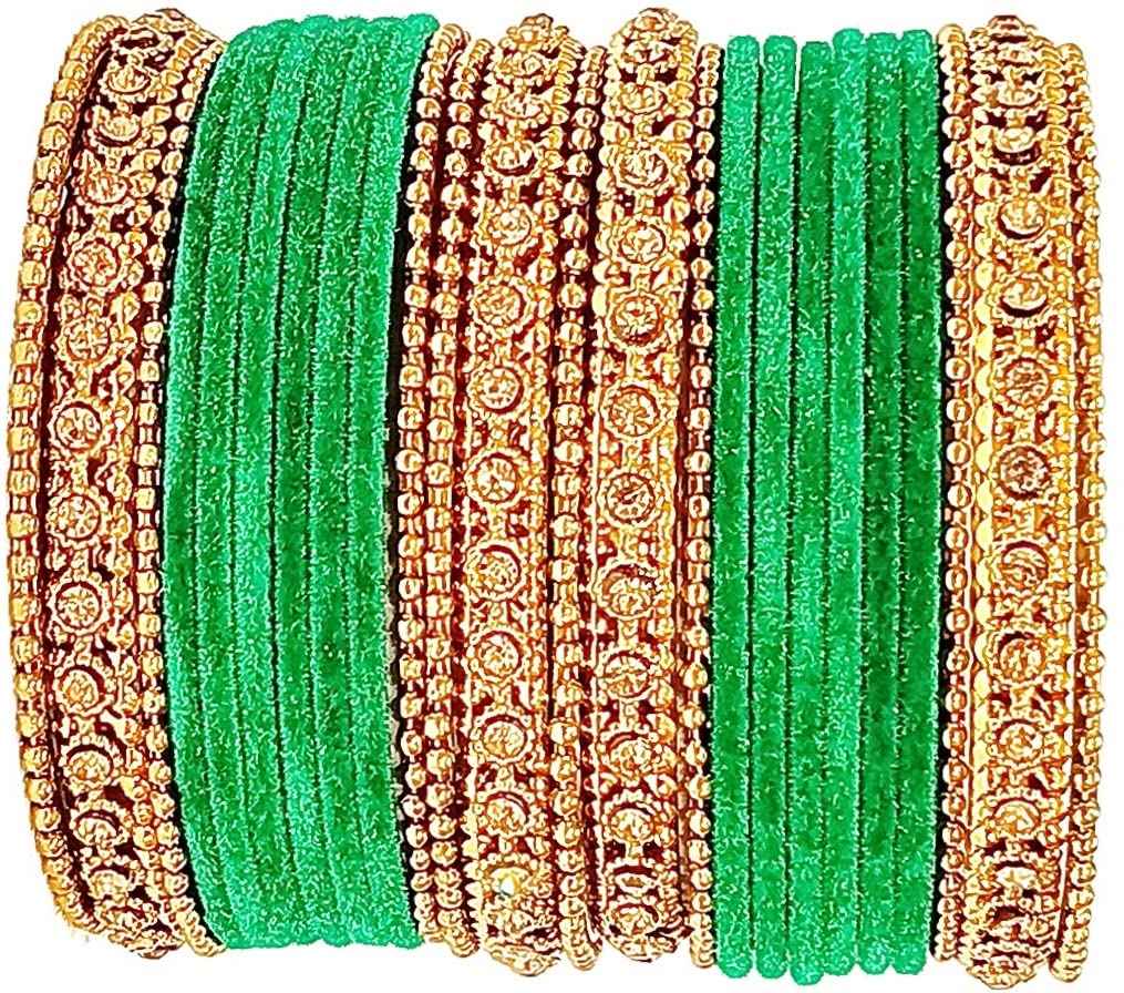 T4 Jewels Gold Plated & Stone Studded Velvet Metal Bangle Set (Wedding Chuda/Diwali Special) For Girls & Women - (Pack Of 24 Bangles) T4 Jewels