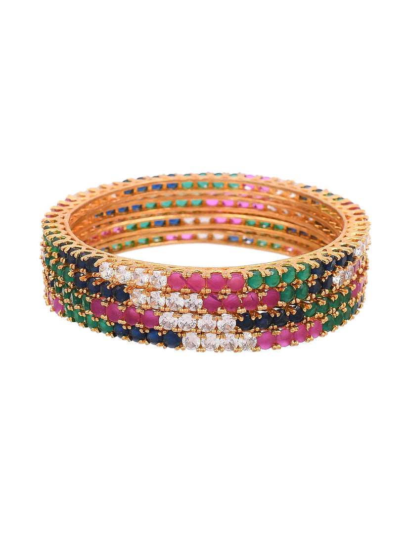 Emerald Sapphire Ruby Diamond Designer Set of 4 Gold Bangles (AD-008)