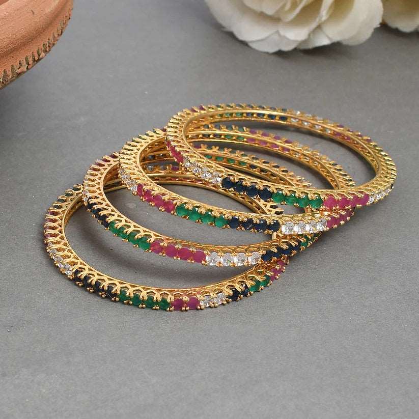 Emerald Sapphire Ruby Diamond Designer Set of 4 Gold Bangles (AD-008)